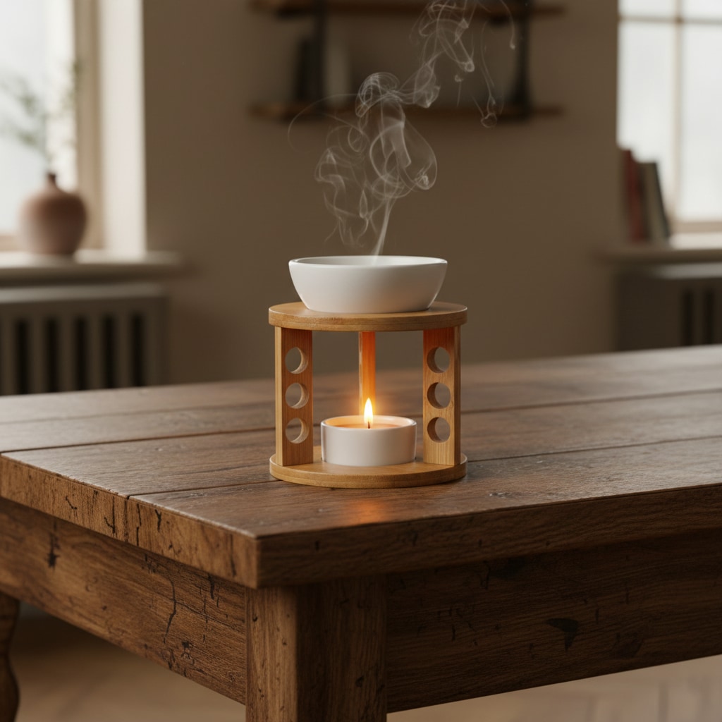 Keramik-Duftlampe mit Bambusholzgestell und brennender Teelichtkerze auf einem antiken Holztisch